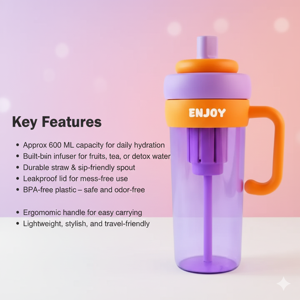Premium BPA-Free Infuser Water Bottle 600ML with Straw & Handle